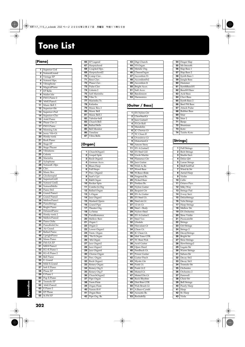 Tone list, Piano] [organ] [guitar / bass] [strings | Roland KR-115 User Manual | Page 202 / 228