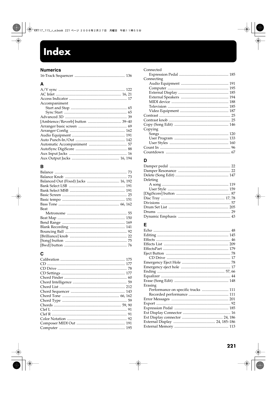 Index | Roland KR-115 User Manual | Page 221 / 228