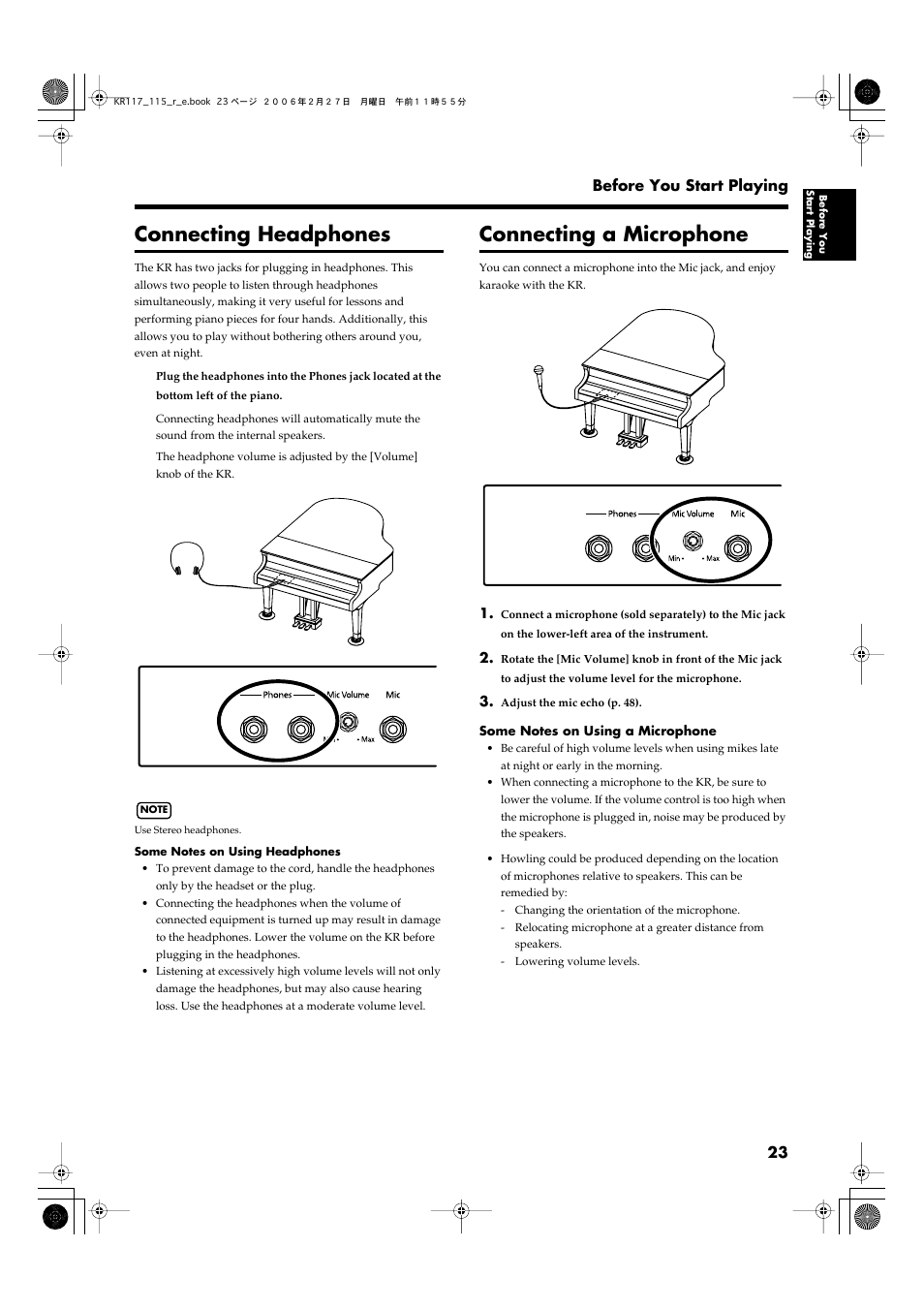 Connecting headphones, Connecting a microphone, Connecting headphones connecting a microphone | A set of headphones can be connected here (p. 23), Used for connecting microphones (p. 23), 23 before you start playing | Roland KR-115 User Manual | Page 23 / 228