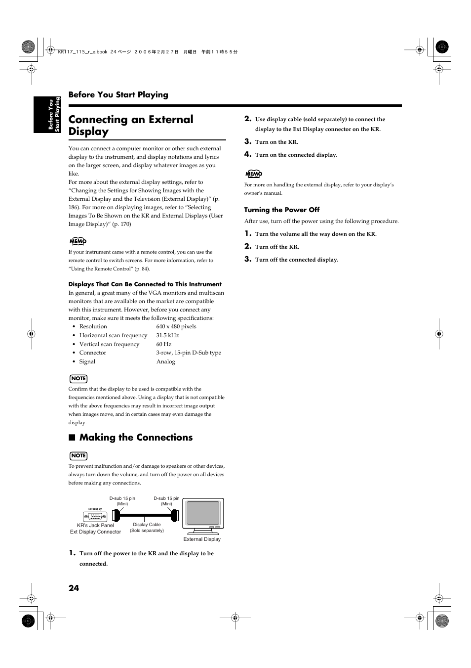 Connecting an external display, Making the connections | Roland KR-115 User Manual | Page 24 / 228