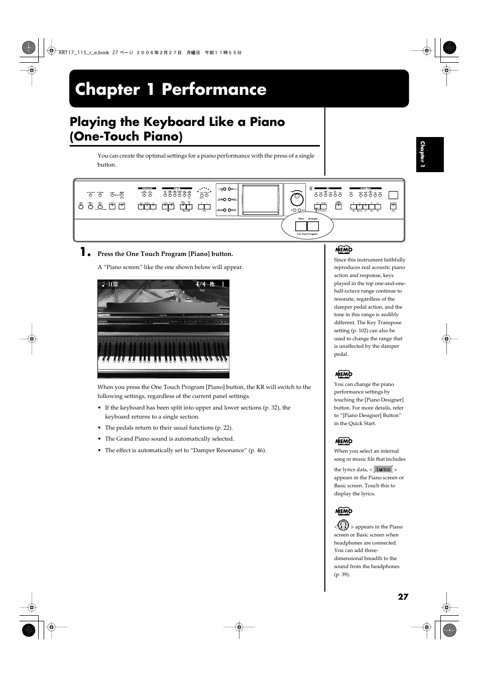 Chapter 1 performance | Roland KR-115 User Manual | Page 27 / 228