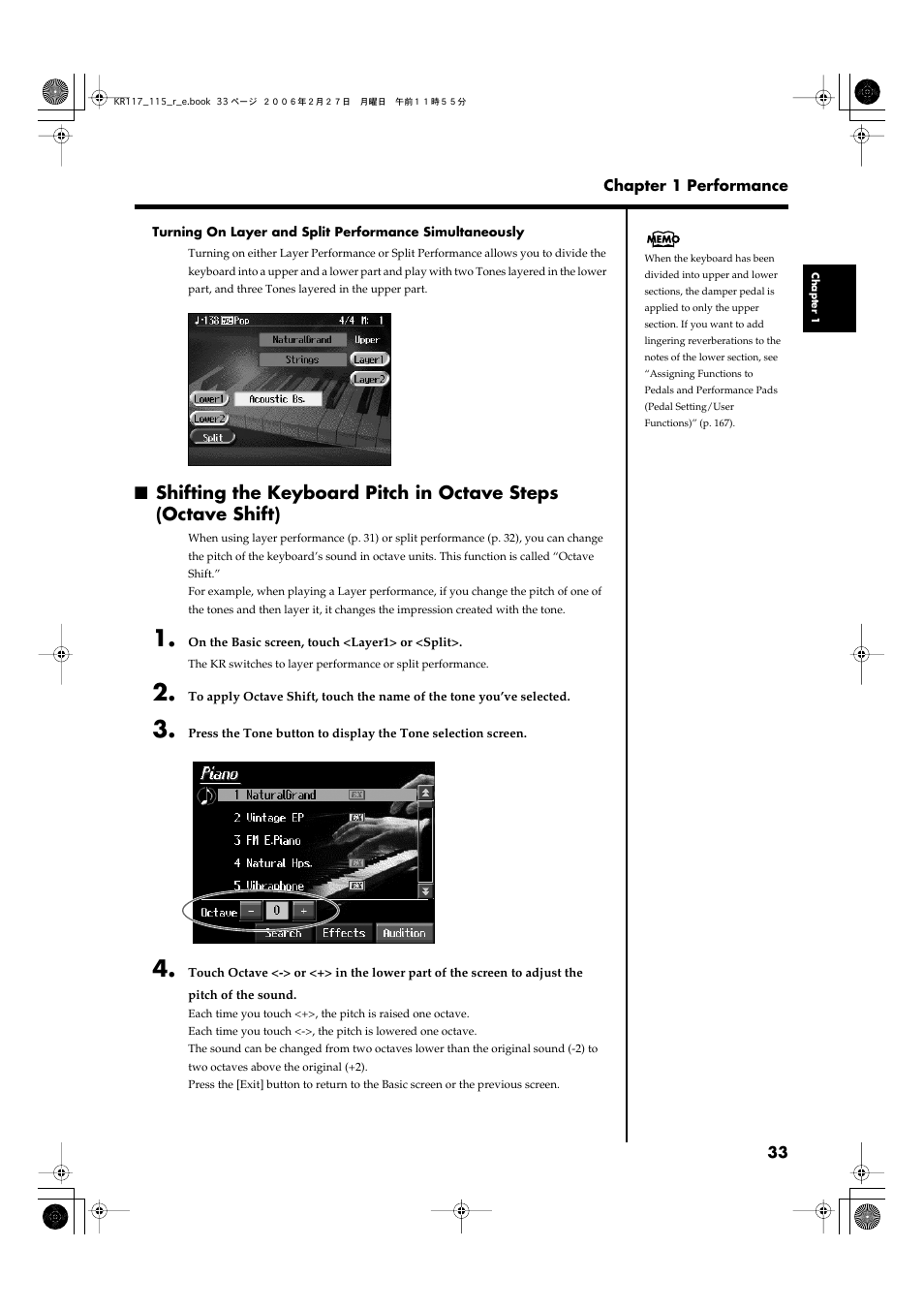 See “shifting the keyboard, Pitch in octave steps (octave, Shift)” (p. 33) | Roland KR-115 User Manual | Page 33 / 228