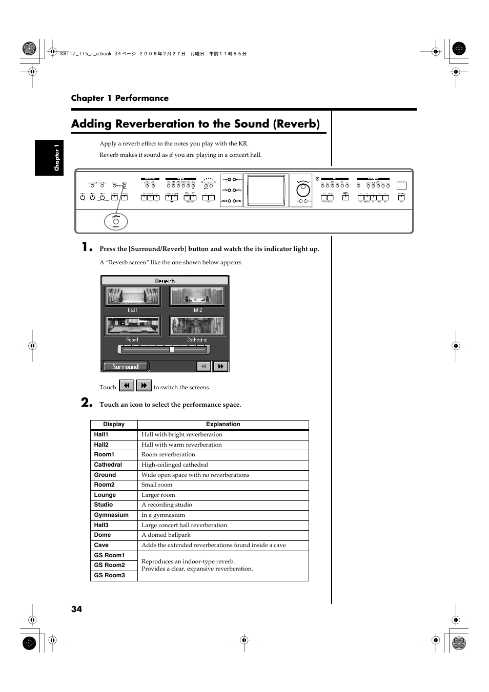 Adding reverberation to the sound (reverb), Adds reverberation to the sound (p. 34) | Roland KR-115 User Manual | Page 34 / 228