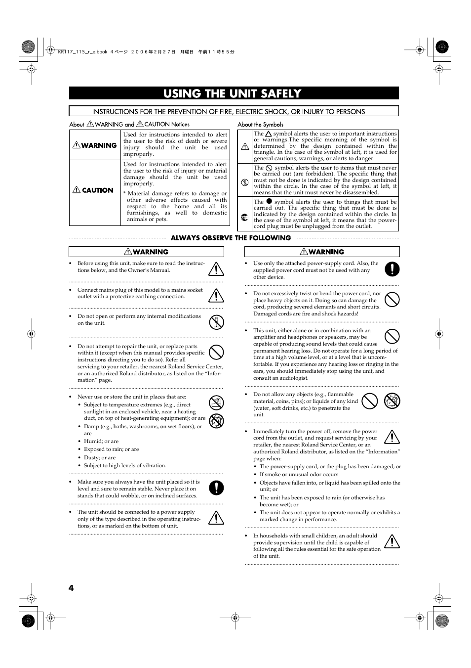 Using the unit safely | Roland KR-115 User Manual | Page 4 / 228
