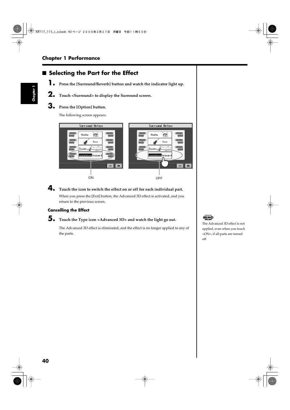 Selecting the part for the effect | Roland KR-115 User Manual | Page 40 / 228