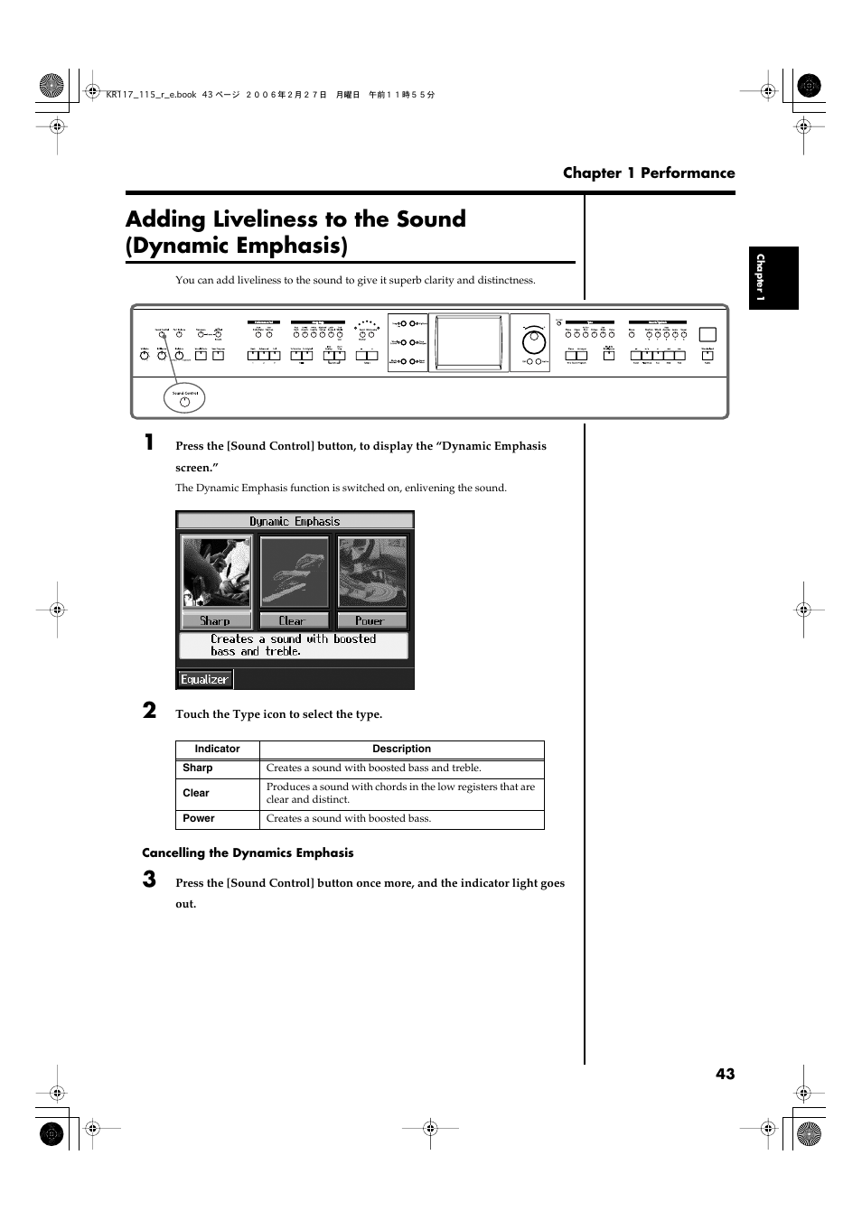 Adding liveliness to the sound (dynamic emphasis), Distinctness (p. 43) | Roland KR-115 User Manual | Page 43 / 228