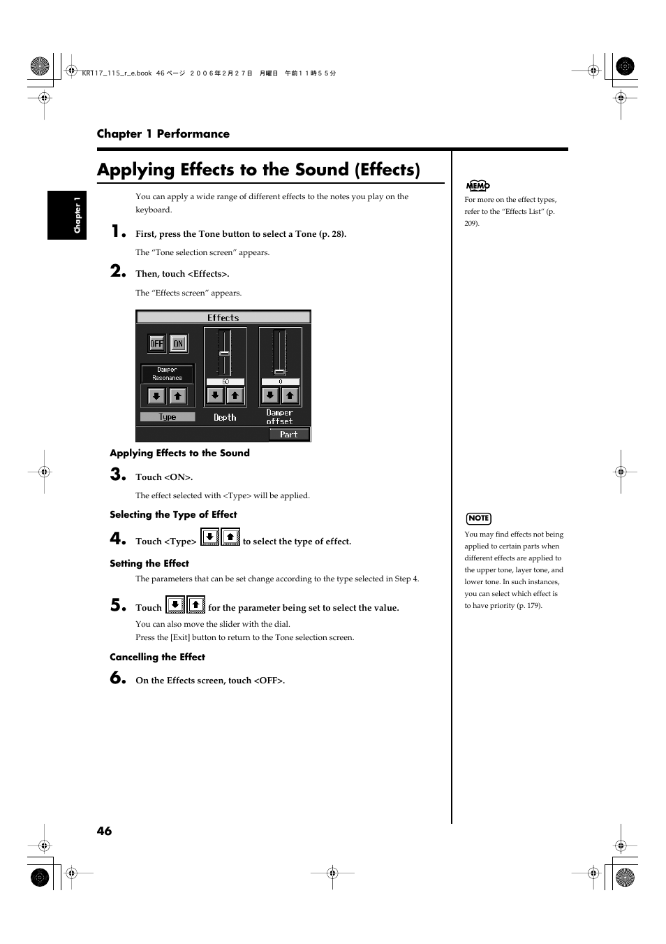 Applying effects to the sound (effects) | Roland KR-115 User Manual | Page 46 / 228