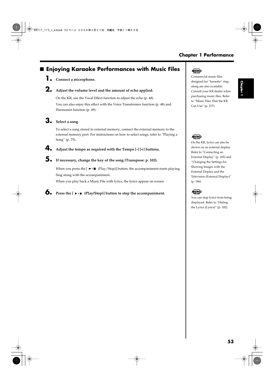 Enjoying karaoke performances with music files | Roland KR-115 User Manual | Page 53 / 228