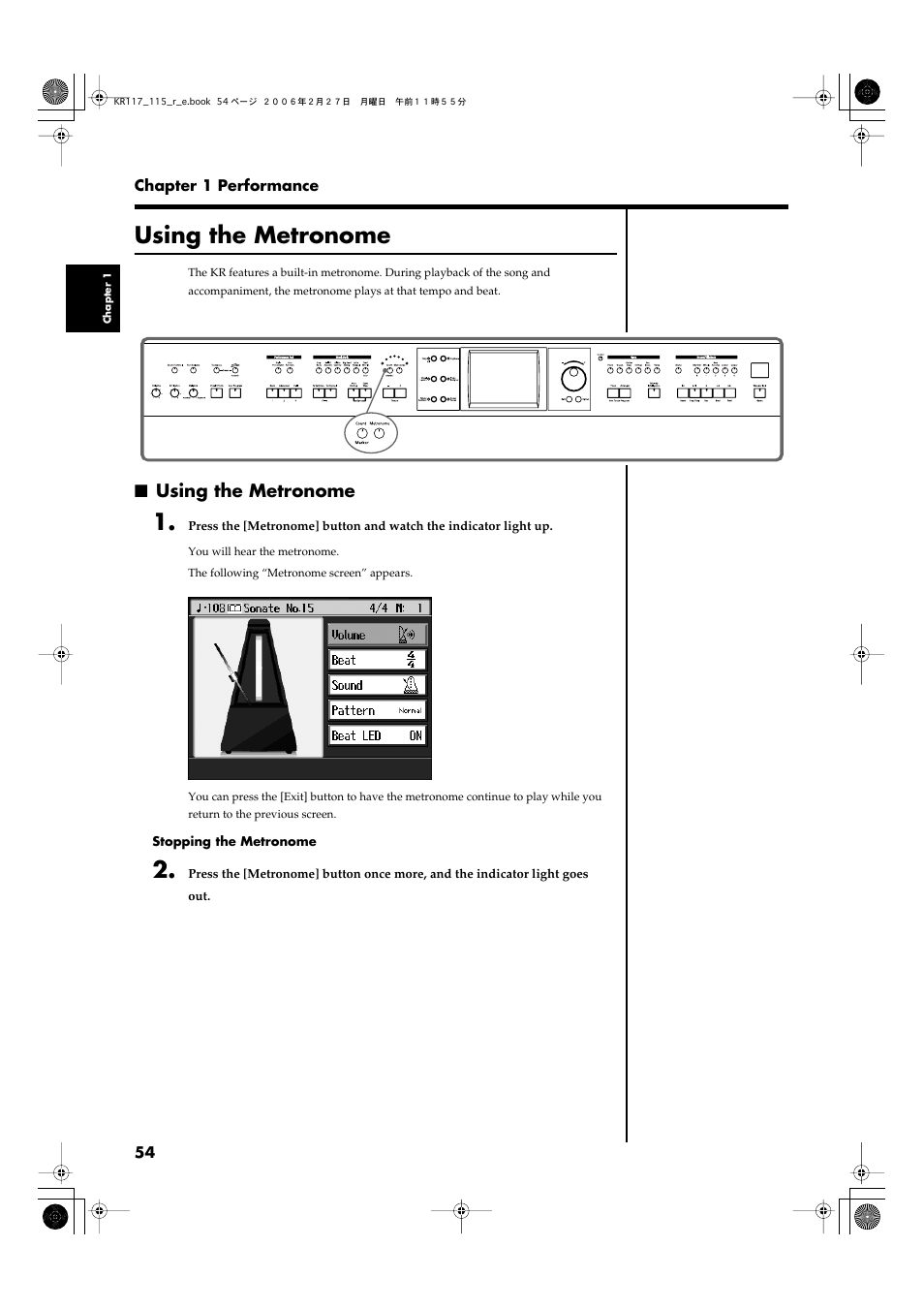 Using the metronome, Activates the built-in metronome (p. 54) | Roland KR-115 User Manual | Page 54 / 228