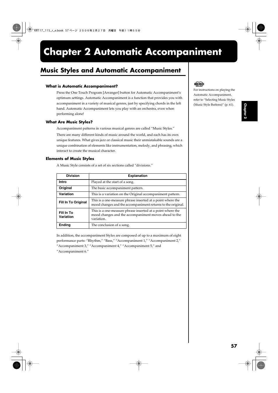 Chapter 2 automatic accompaniment, Music styles and automatic accompaniment | Roland KR-115 User Manual | Page 57 / 228