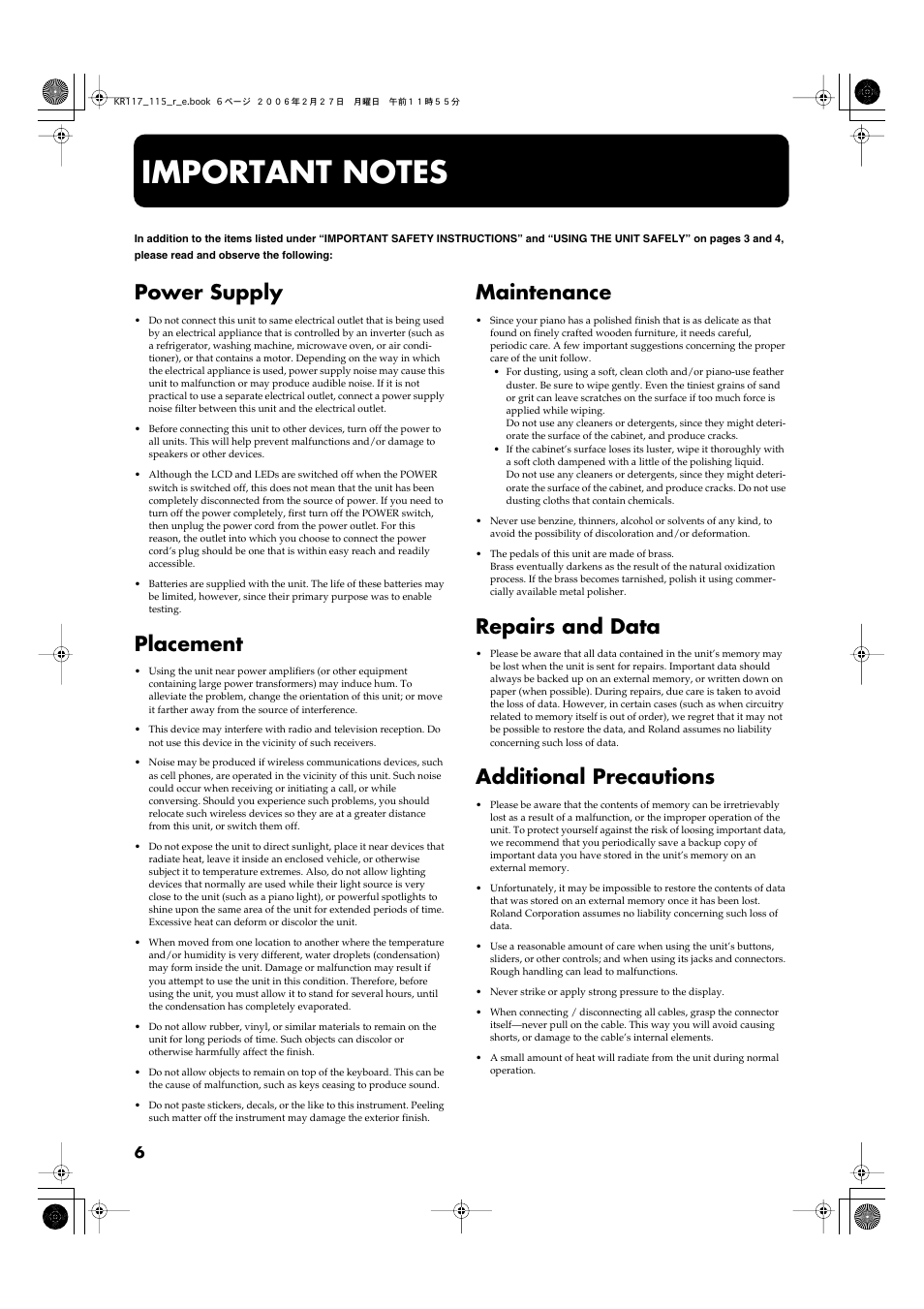 Important notes, Power supply, Placement | Maintenance, Repairs and data, Additional precautions | Roland KR-115 User Manual | Page 6 / 228