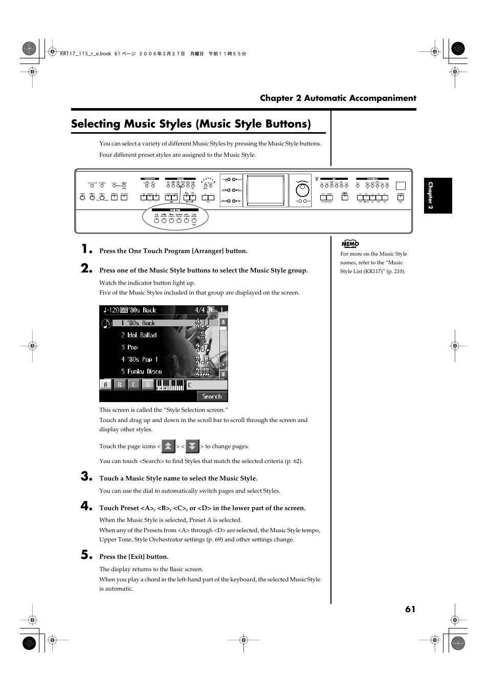 Selecting music styles (music style buttons), Selecting music styles (music, Style buttons)” (p. 61) | Roland KR-115 User Manual | Page 61 / 228