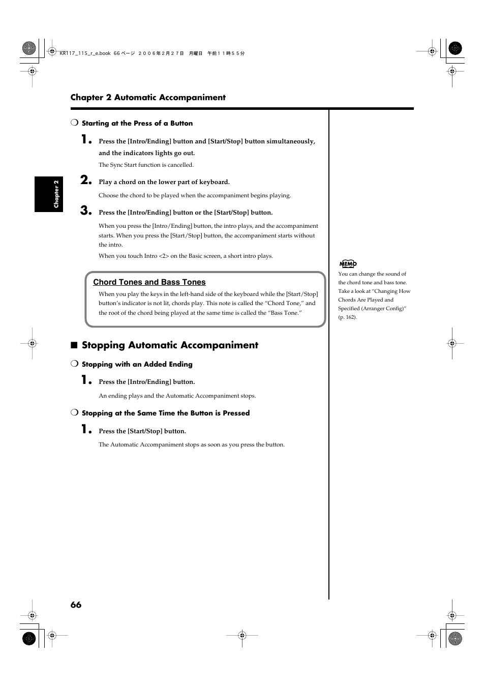 Stopping automatic accompaniment | Roland KR-115 User Manual | Page 66 / 228
