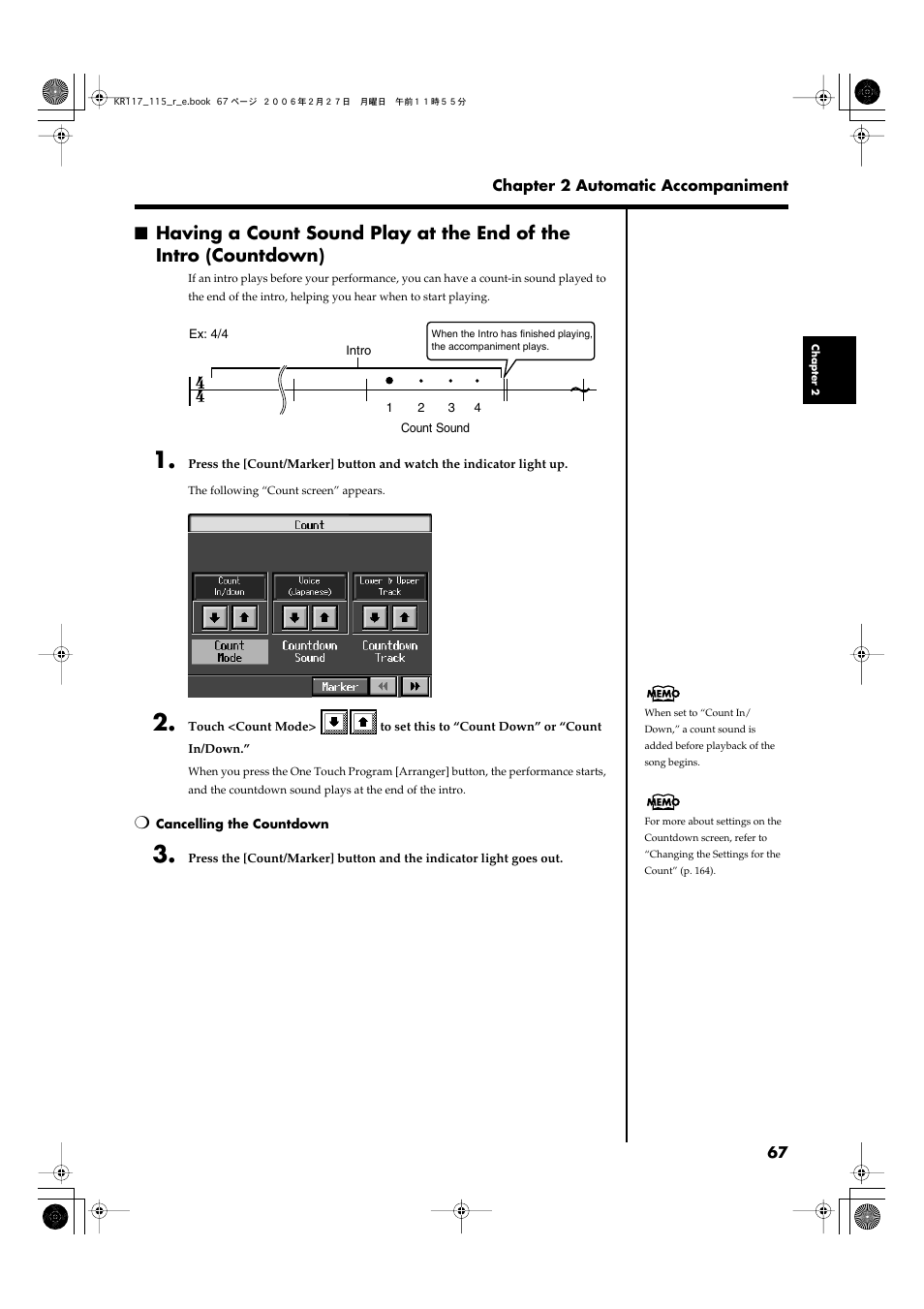 You can change the count settings (p. 67, p. 96) | Roland KR-115 User Manual | Page 67 / 228