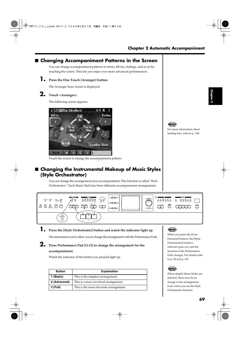 Changing accompaniment patterns in the screen, P. 69) | Roland KR-115 User Manual | Page 69 / 228