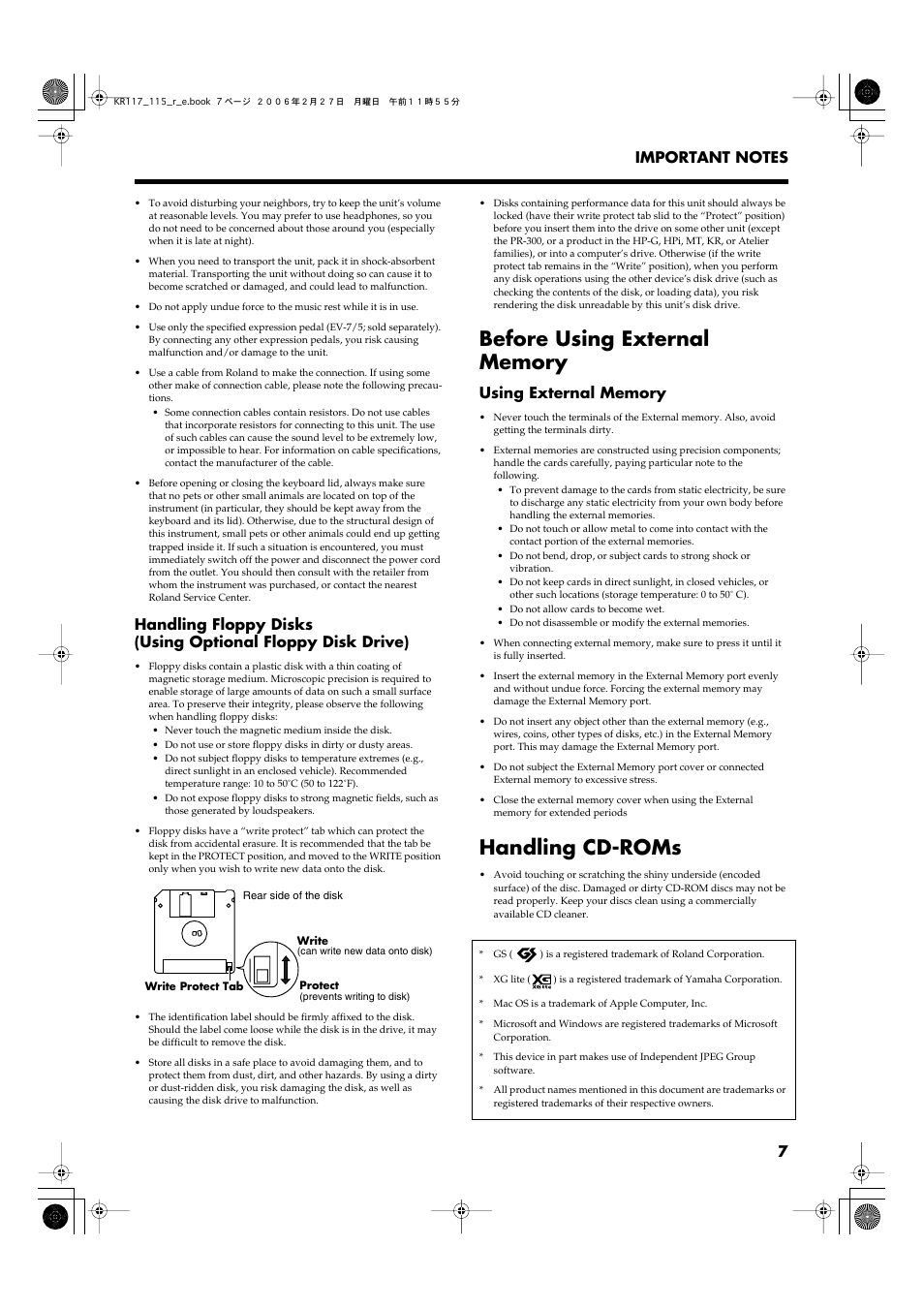 Handling cd-roms | Roland KR-115 User Manual | Page 7 / 228