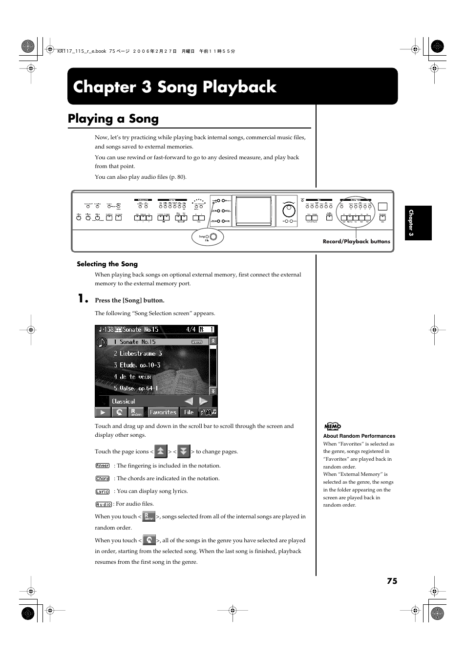 Chapter 3 song playback, Playing a song, External memories (p. 75) | P. 75, Song” (p. 75) | Roland KR-115 User Manual | Page 75 / 228