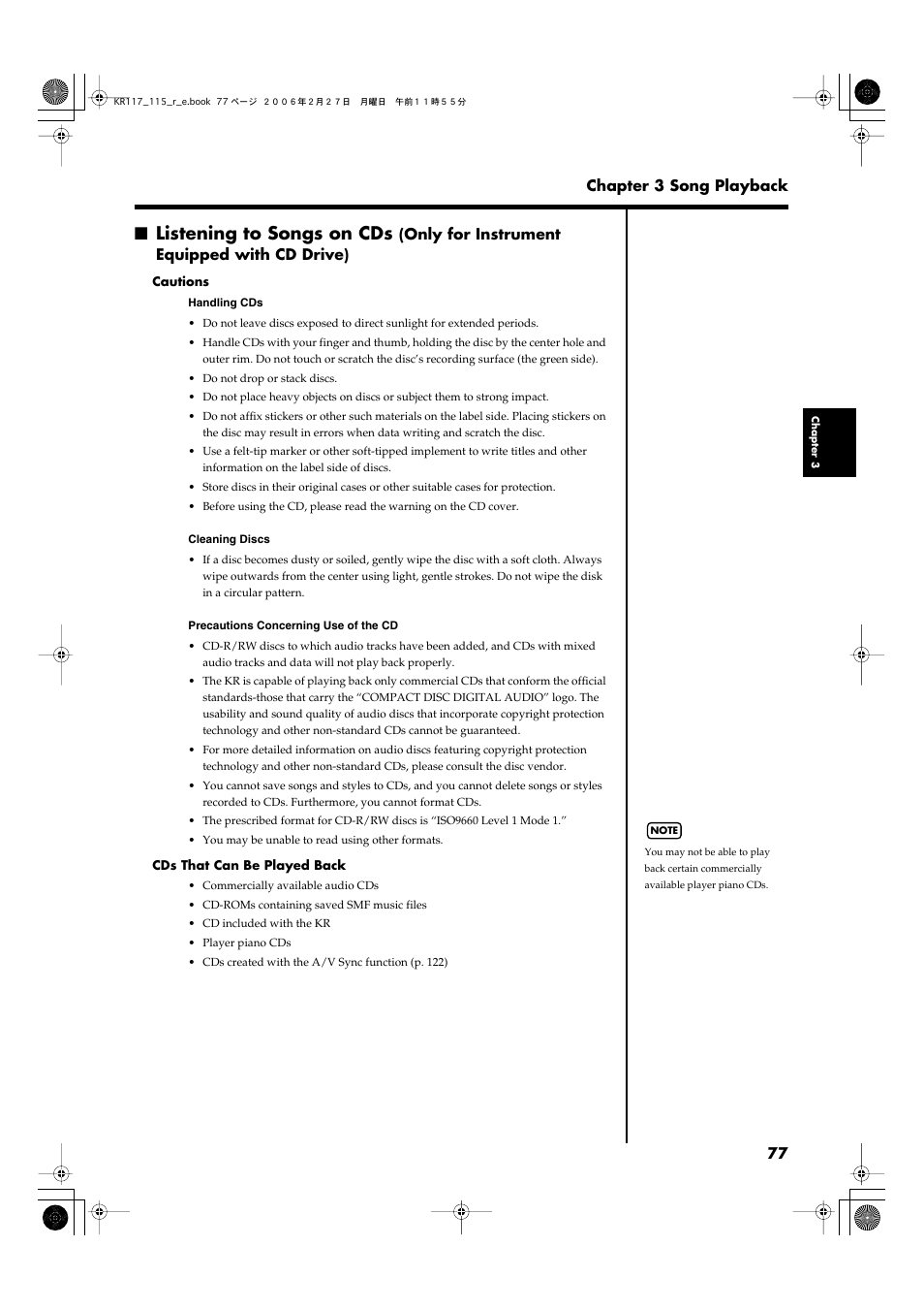 Listening to songs on cds | Roland KR-115 User Manual | Page 77 / 228