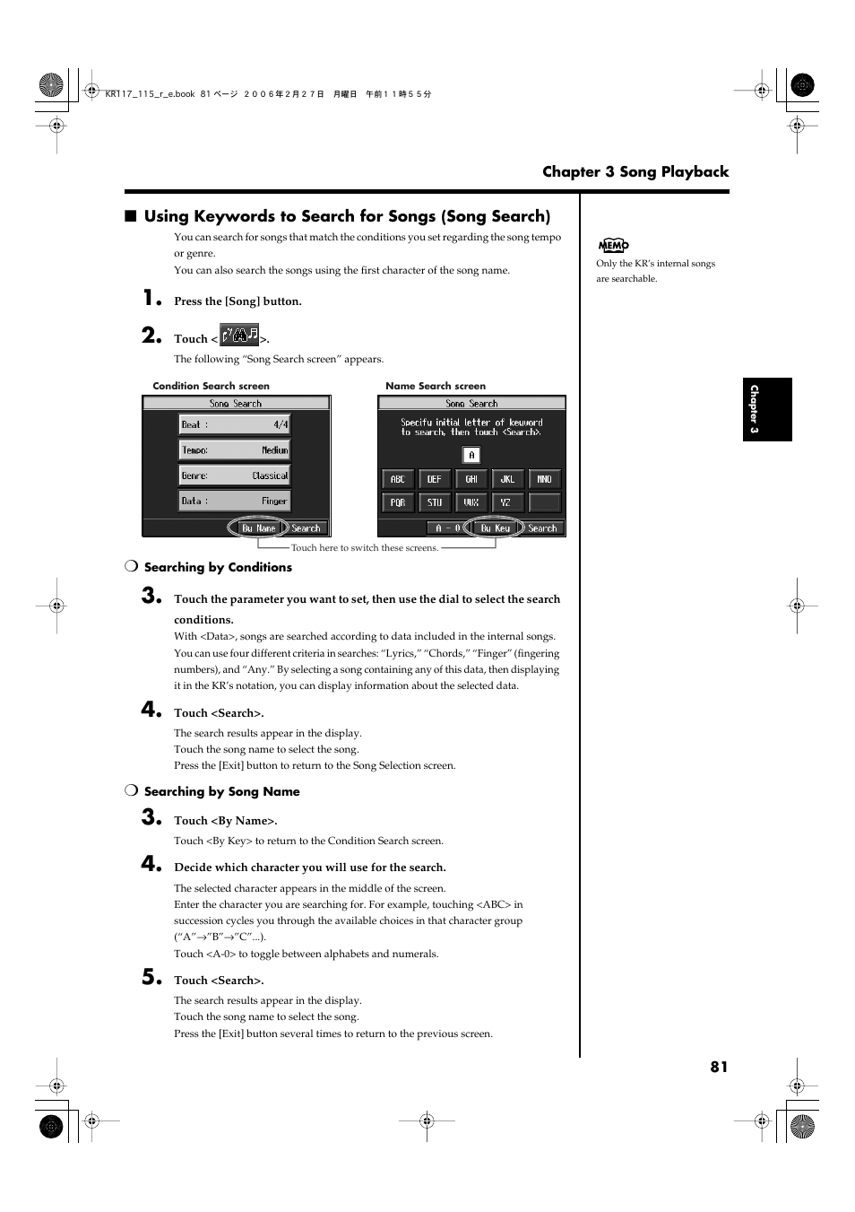 Using keywords to search for songs (song search), Search (p. 81) | Roland KR-115 User Manual | Page 81 / 228