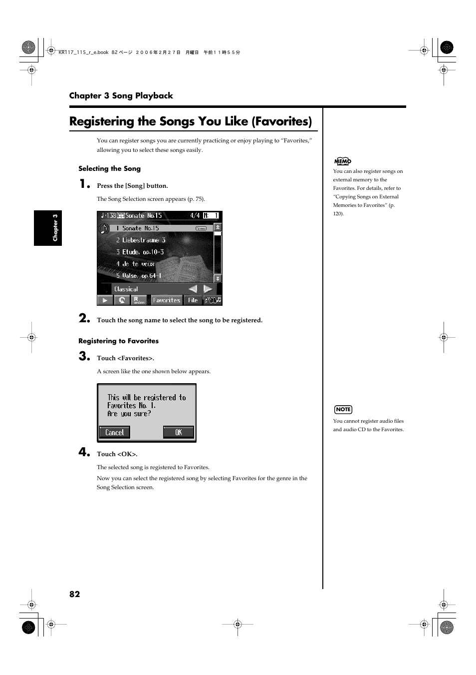 Registering the songs you like (favorites), Favorites (p. 82), Registering “favorites” (p. 82) | Roland KR-115 User Manual | Page 82 / 228