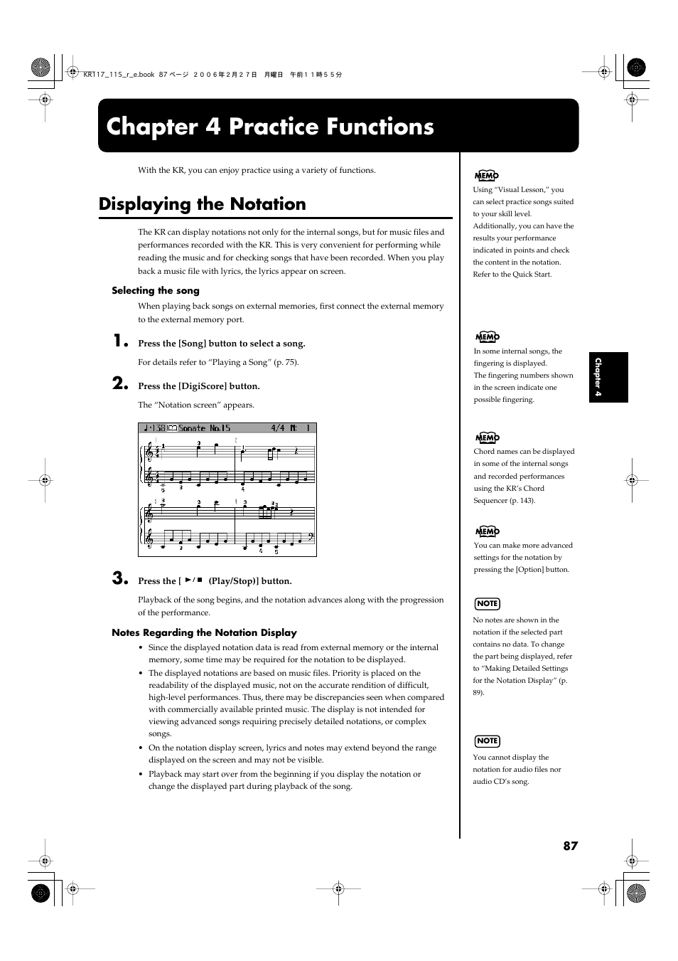Chapter 4 practice functions, Displaying the notation, Displays notations (p. 87) | Displaying notations (p. 87) | Roland KR-115 User Manual | Page 87 / 228