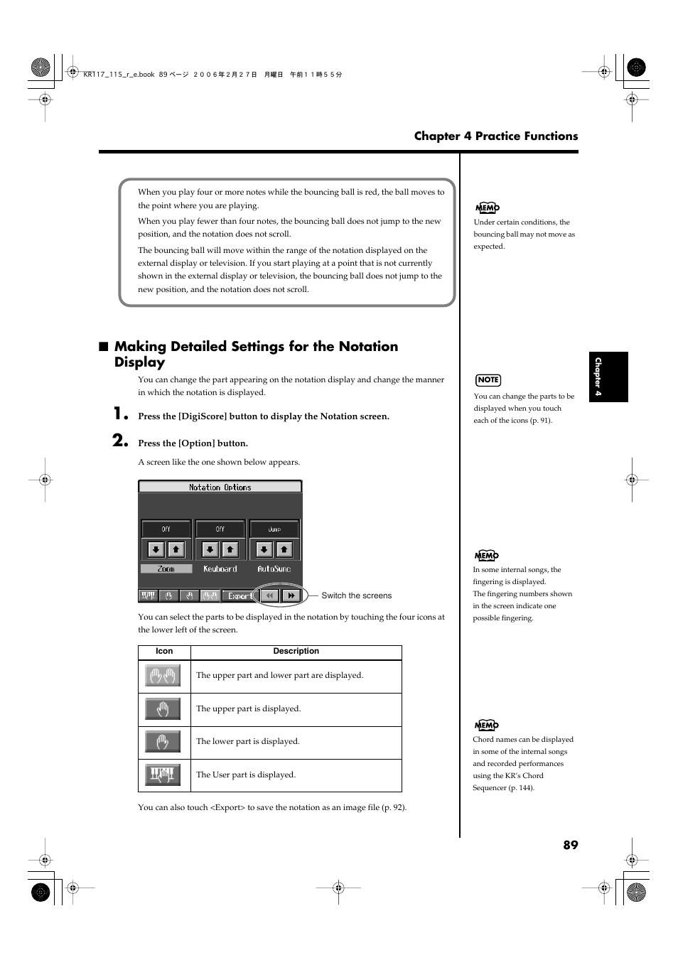 Making detailed settings for the notation display, To “making detailed settings, For the notation display” (p | Roland KR-115 User Manual | Page 89 / 228