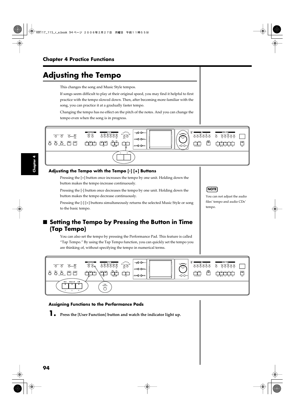 Adjusting the tempo, Changing tempos (p. 94) | Roland KR-115 User Manual | Page 94 / 228