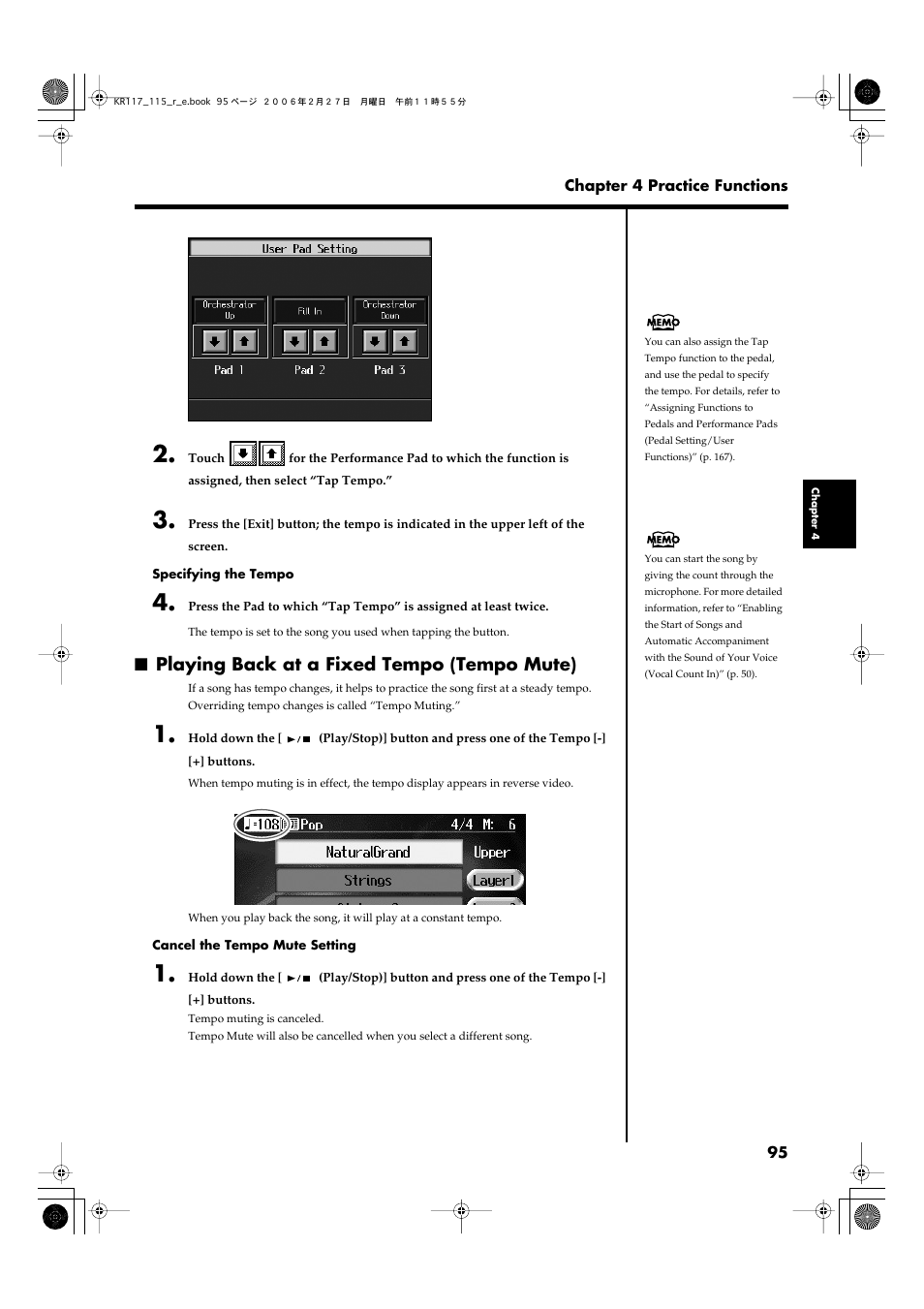 Playing back at a fixed tempo (tempo mute) | Roland KR-115 User Manual | Page 95 / 228