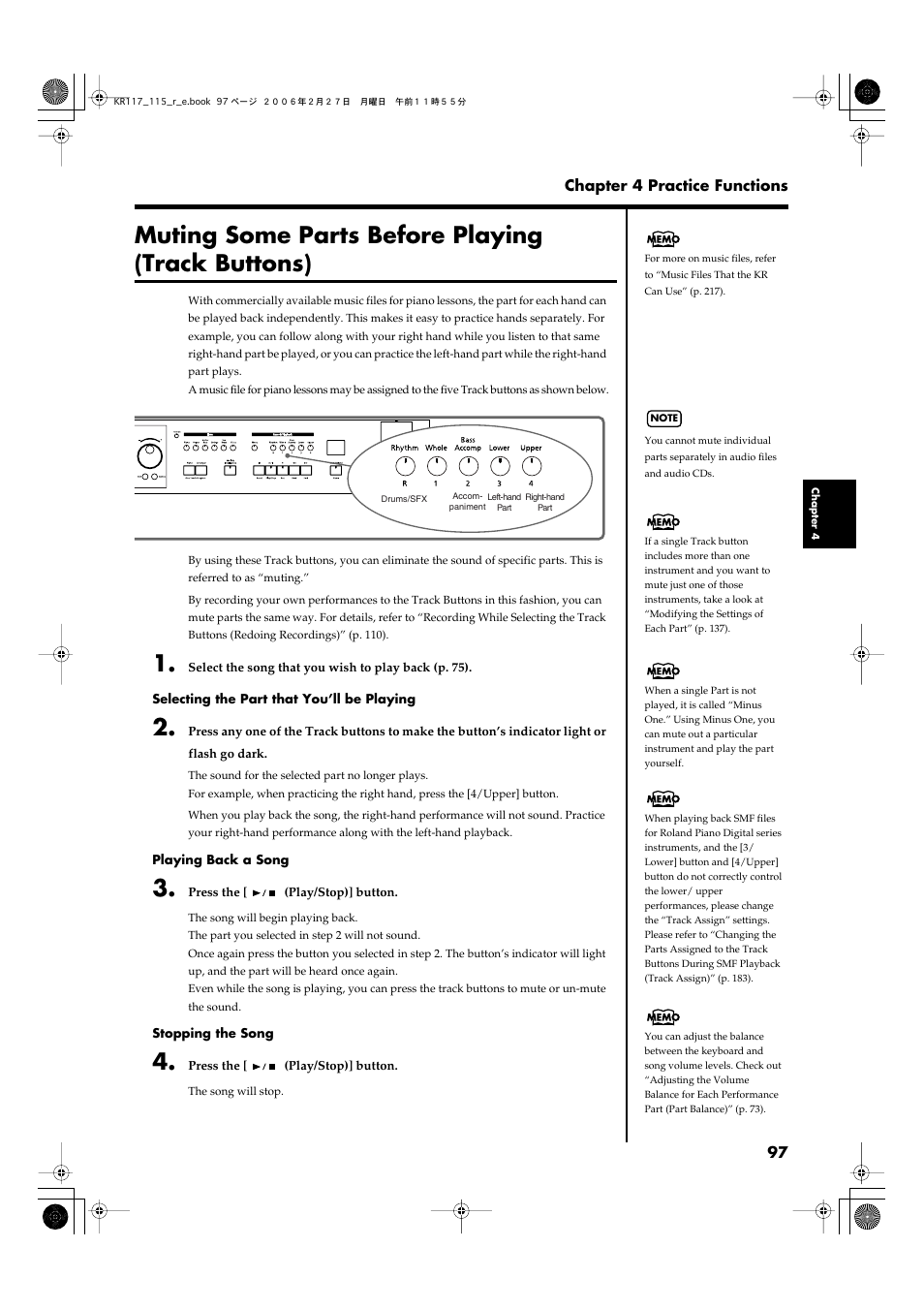 Muting some parts before playing (track buttons), Information, refer to p. 97, Track mute (p. 97) | Roland KR-115 User Manual | Page 97 / 228