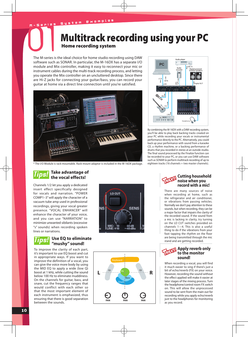 Multitrack recording using your pc, Home recording system, Cutting household noise when you record with a mic | Take advantage of the vocal effects, Use eq to eliminate “mushy” sound, Apply reverb only to the monitor sound | Roland Edirol EC2-YF-NK User Manual | Page 10 / 16