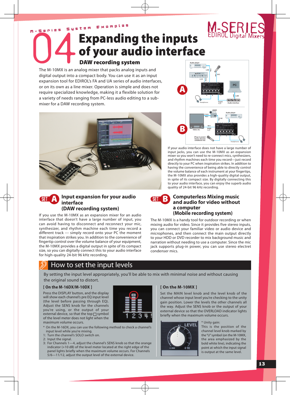 Expanding the inputs of your audio interface, Ab a b, How to set the input levels | Daw recording system | Roland Edirol EC2-YF-NK User Manual | Page 13 / 16