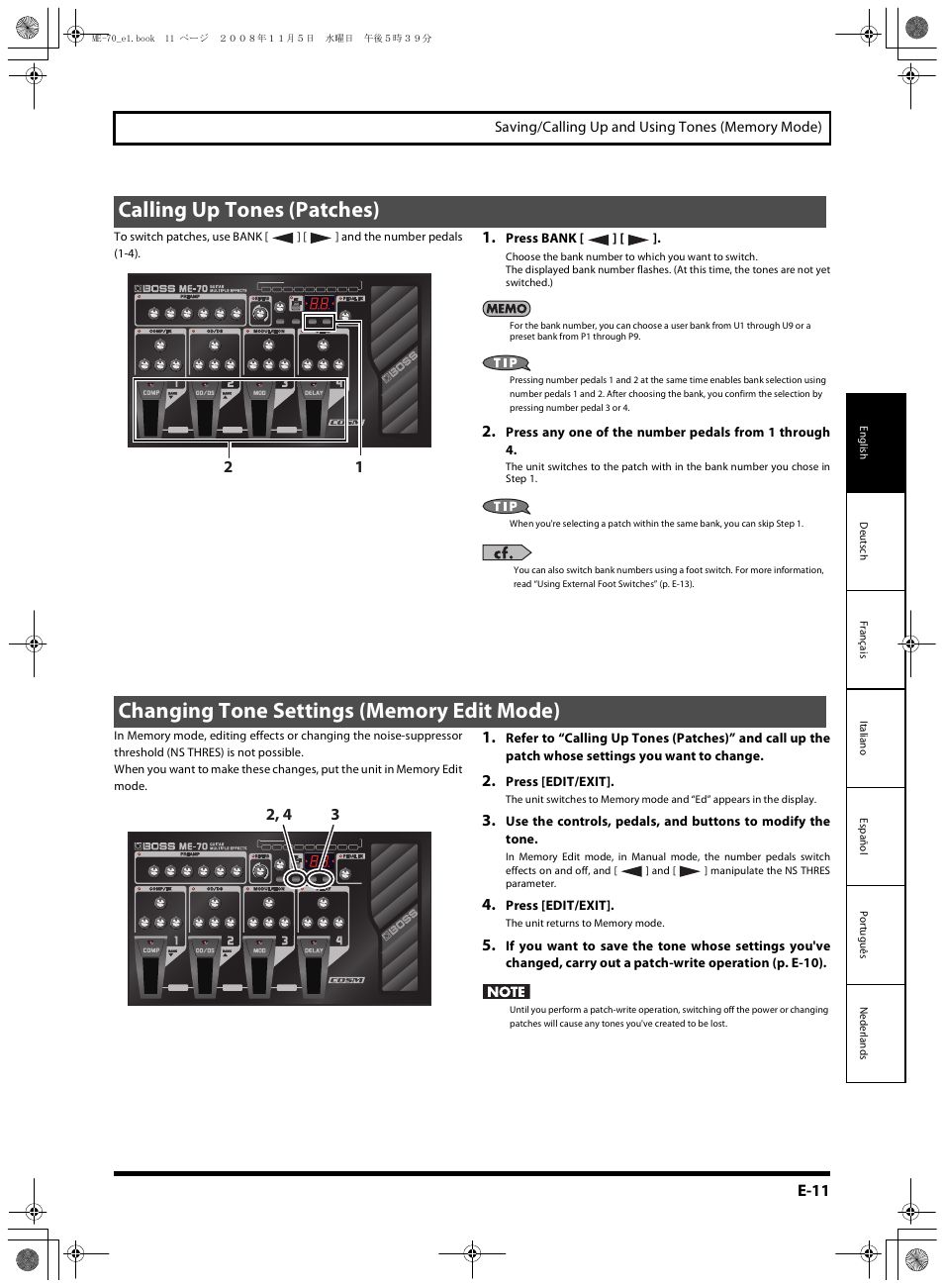 Calling up tones (patches), Changing tone settings (memory edit mode), E-11 | Roland ME-70 User Manual | Page 11 / 20