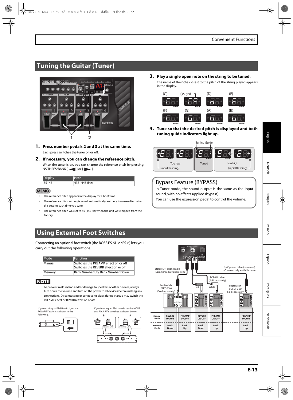 Tuning the guitar (tuner), Bypass feature (bypass), Using external foot switches | E-13, Convenient functions | Roland ME-70 User Manual | Page 13 / 20