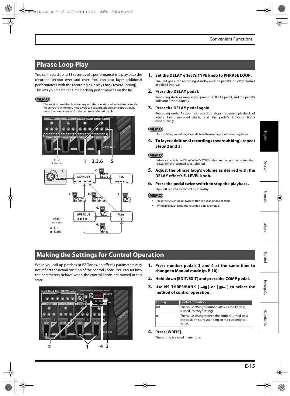 Phrase loop play, Making the settings for control operation, Phrase loop play” (p. e-15) | E-15 | Roland ME-70 User Manual | Page 15 / 20