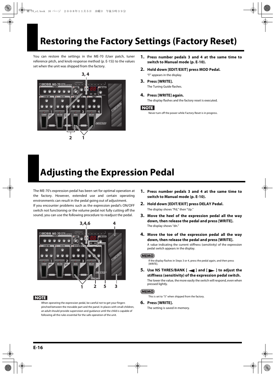Restoring the factory settings (factory reset), Adjusting the expression pedal | Roland ME-70 User Manual | Page 16 / 20