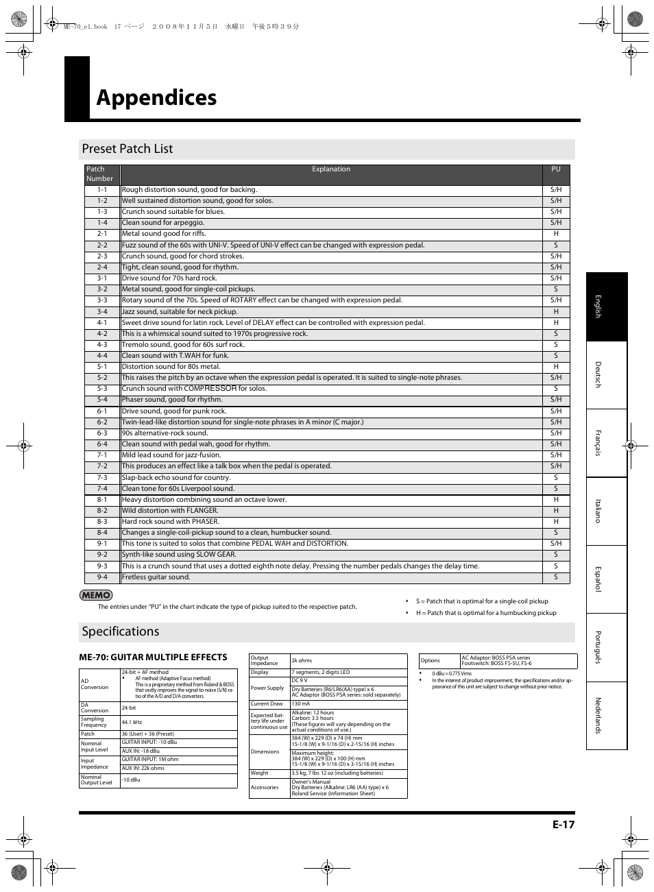 Appendices, Preset patch list, Specifications | E-17 | Roland ME-70 User Manual | Page 17 / 20