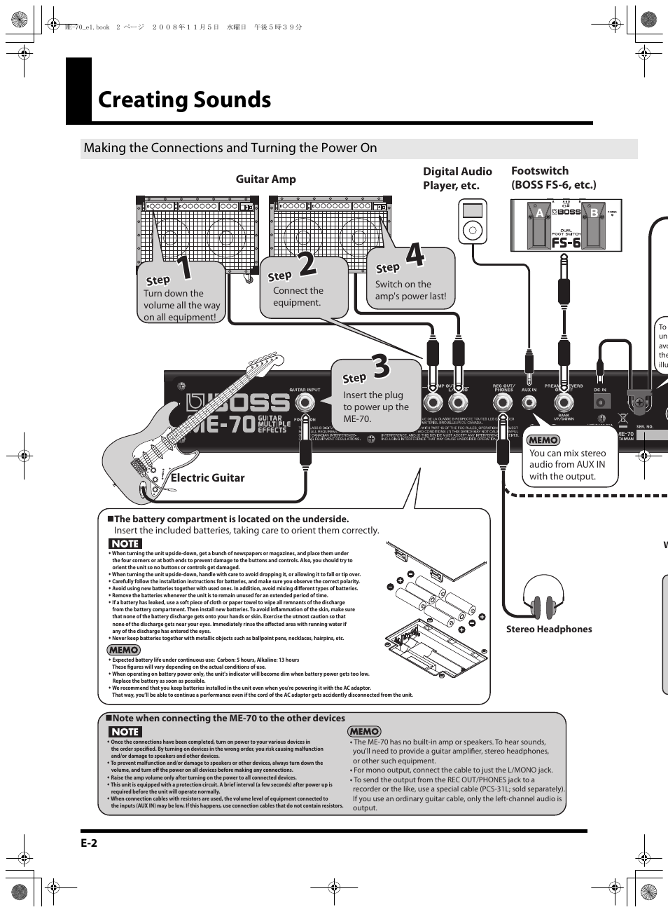 Creating sounds, Making the connections and turning the power on | Roland ME-70 User Manual | Page 2 / 20