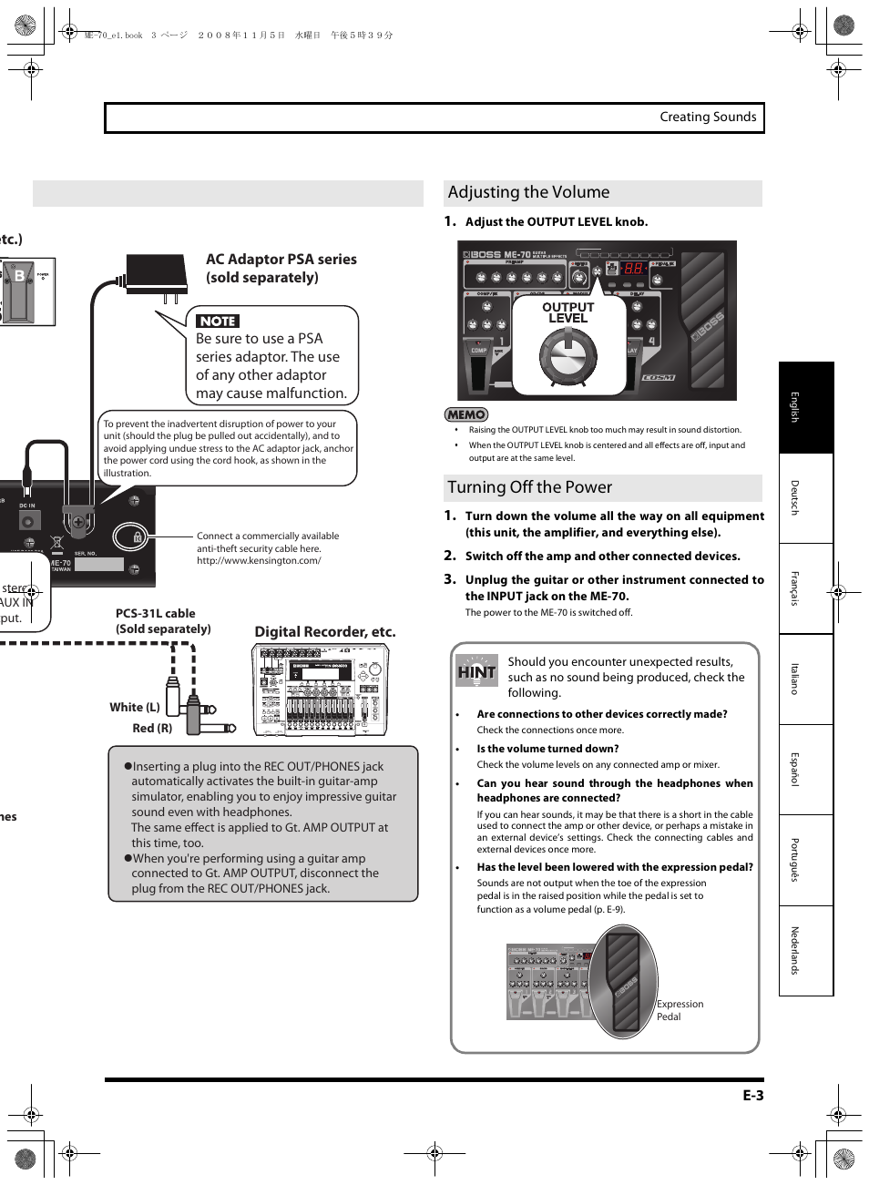 Making the connections and turning the power on, Adjusting the volume, Turning off the power | Adjusting the volume turning off the power | Roland ME-70 User Manual | Page 3 / 20