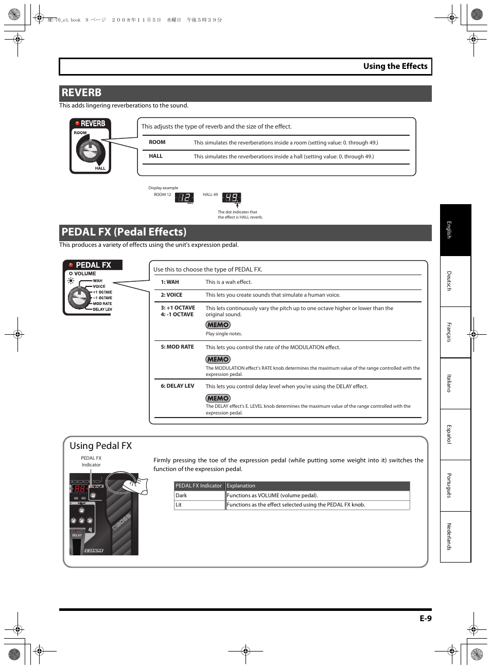 Reverb, Pedal fx (pedal effects), Using pedal fx | Using pedal fx” (p. e-9), Reverb pedal fx (pedal effects), E-9 using the effects | Roland ME-70 User Manual | Page 9 / 20