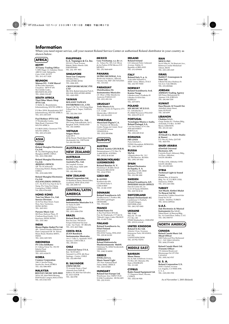 Information, Africa | Roland AT20s User Manual | Page 122 / 124