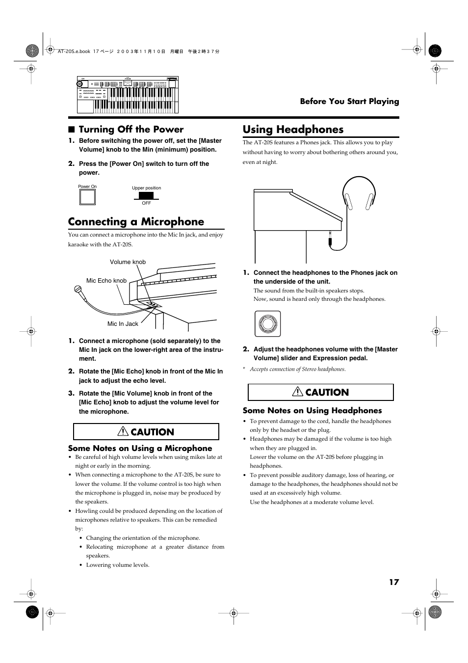 Turning off the power, Connecting a microphone, Using headphones | Roland AT20s User Manual | Page 17 / 124