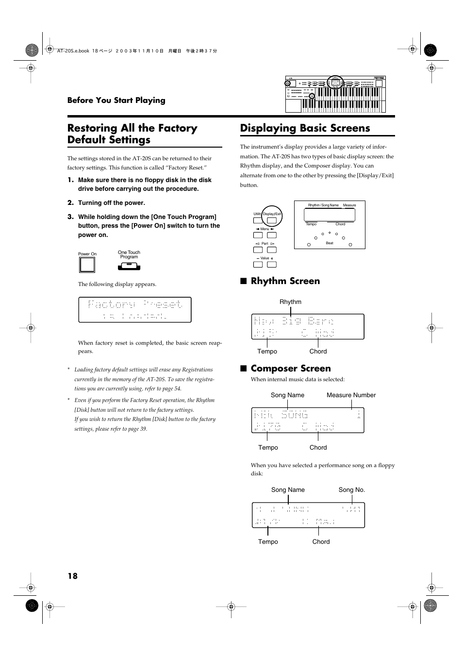 Restoring all the factory default settings, Displaying basic screens, Rhythm screen | Composer screen, Rhythm screen composer screen, P. 18) | Roland AT20s User Manual | Page 18 / 124