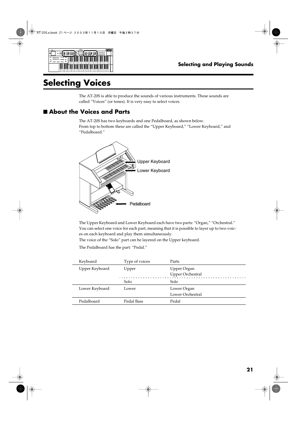 Selecting voices, About the voices and parts | Roland AT20s User Manual | Page 21 / 124