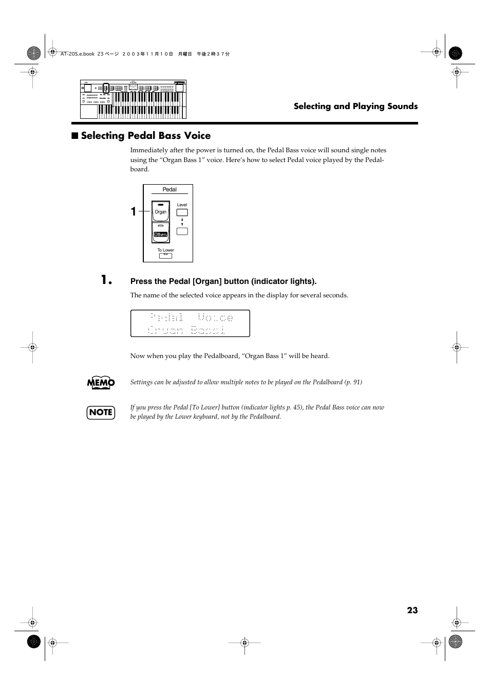Selecting pedal bass voice, P. 23) | Roland AT20s User Manual | Page 23 / 124