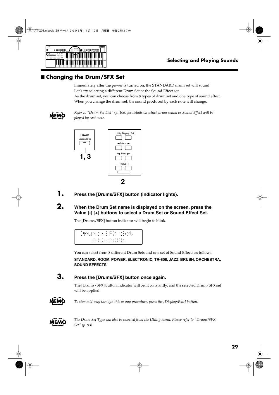 Changing the drum/sfx set | Roland AT20s User Manual | Page 29 / 124