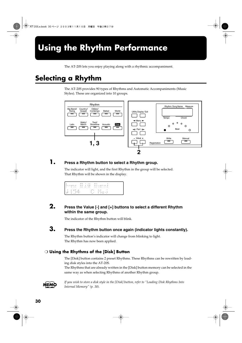 Using the rhythm performance, Selecting a rhythm, P. 30) | Roland AT20s User Manual | Page 30 / 124