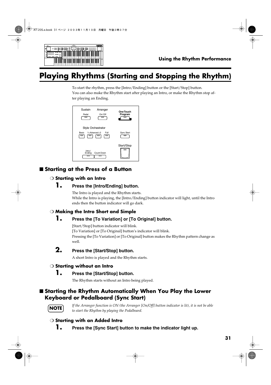 Playing rhythms (starting and stopping the rhythm), Starting at the press of a button, P. 31) | Playing rhythms, Starting and stopping the rhythm) | Roland AT20s User Manual | Page 31 / 124
