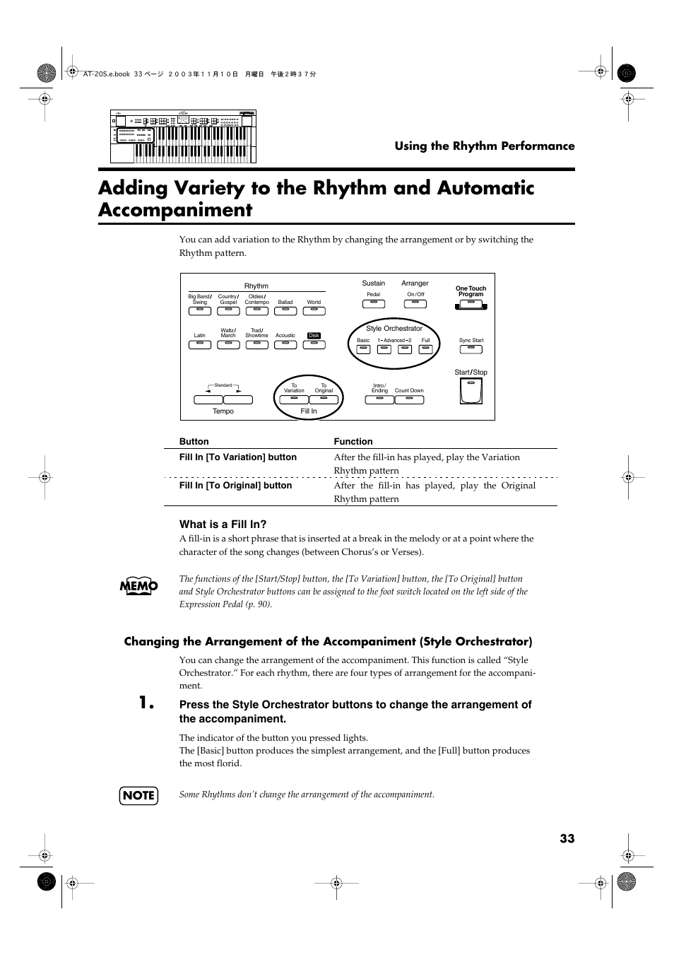 P. 33), 33 using the rhythm performance, What is a fill in | Roland AT20s User Manual | Page 33 / 124