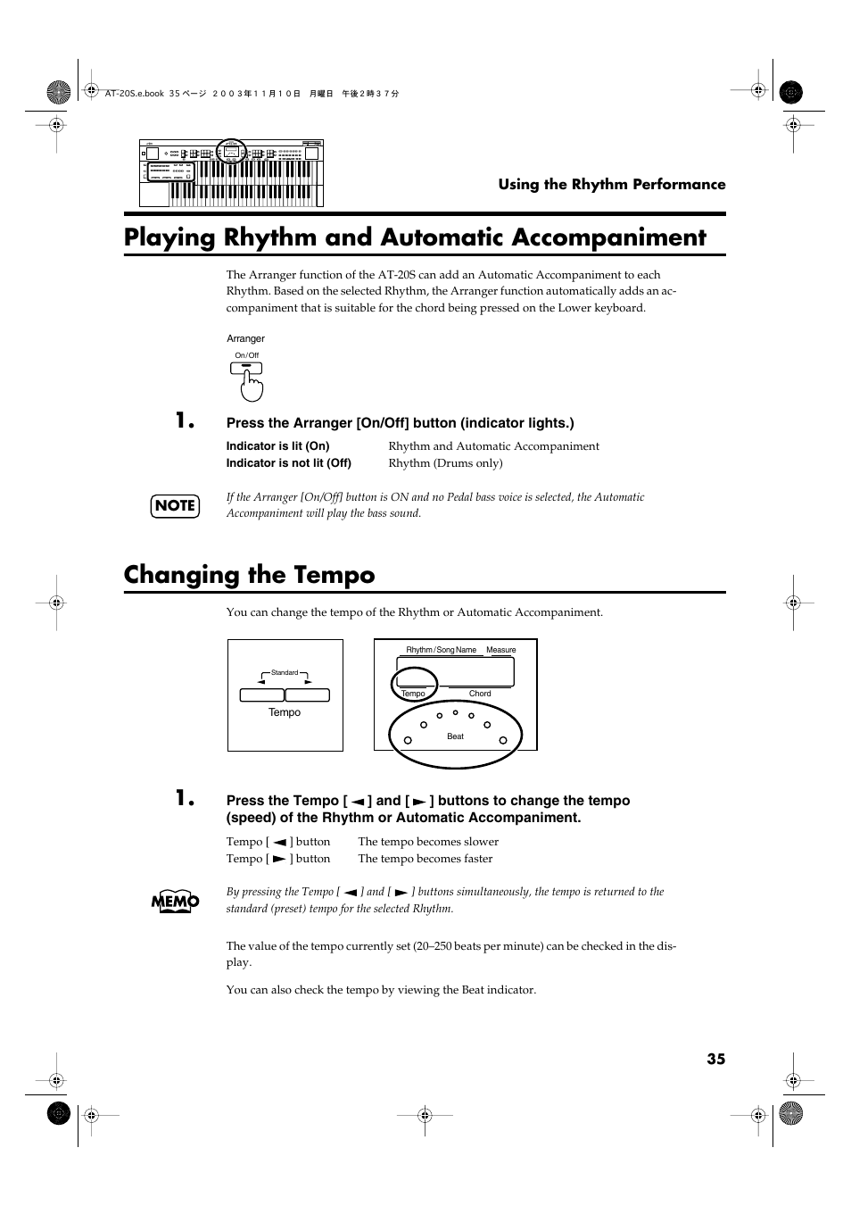 Playing rhythm and automatic accompaniment, Changing the tempo, P. 35) | Roland AT20s User Manual | Page 35 / 124
