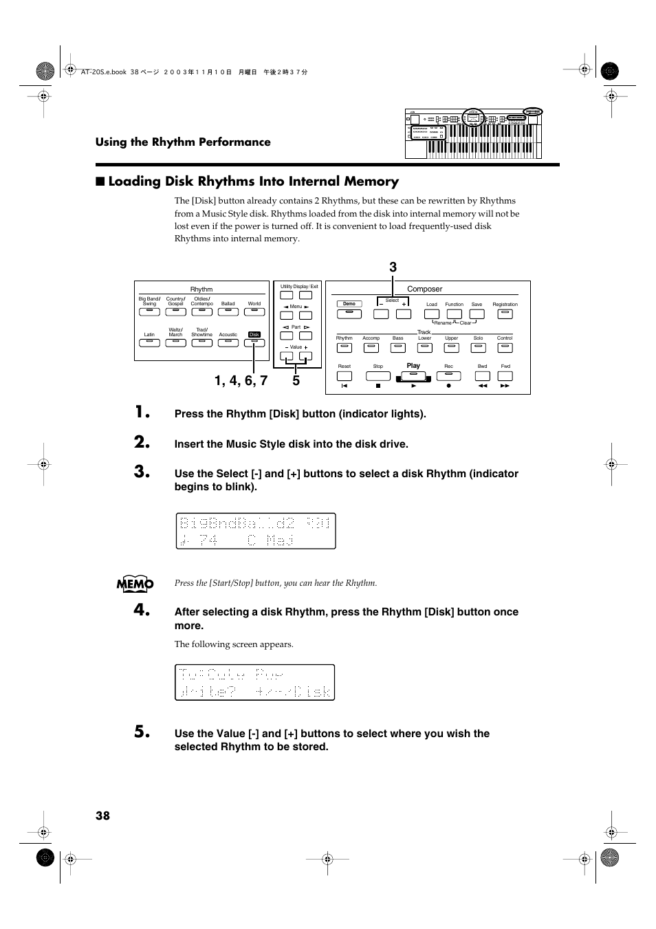 Loading disk rhythms into internal memory | Roland AT20s User Manual | Page 38 / 124